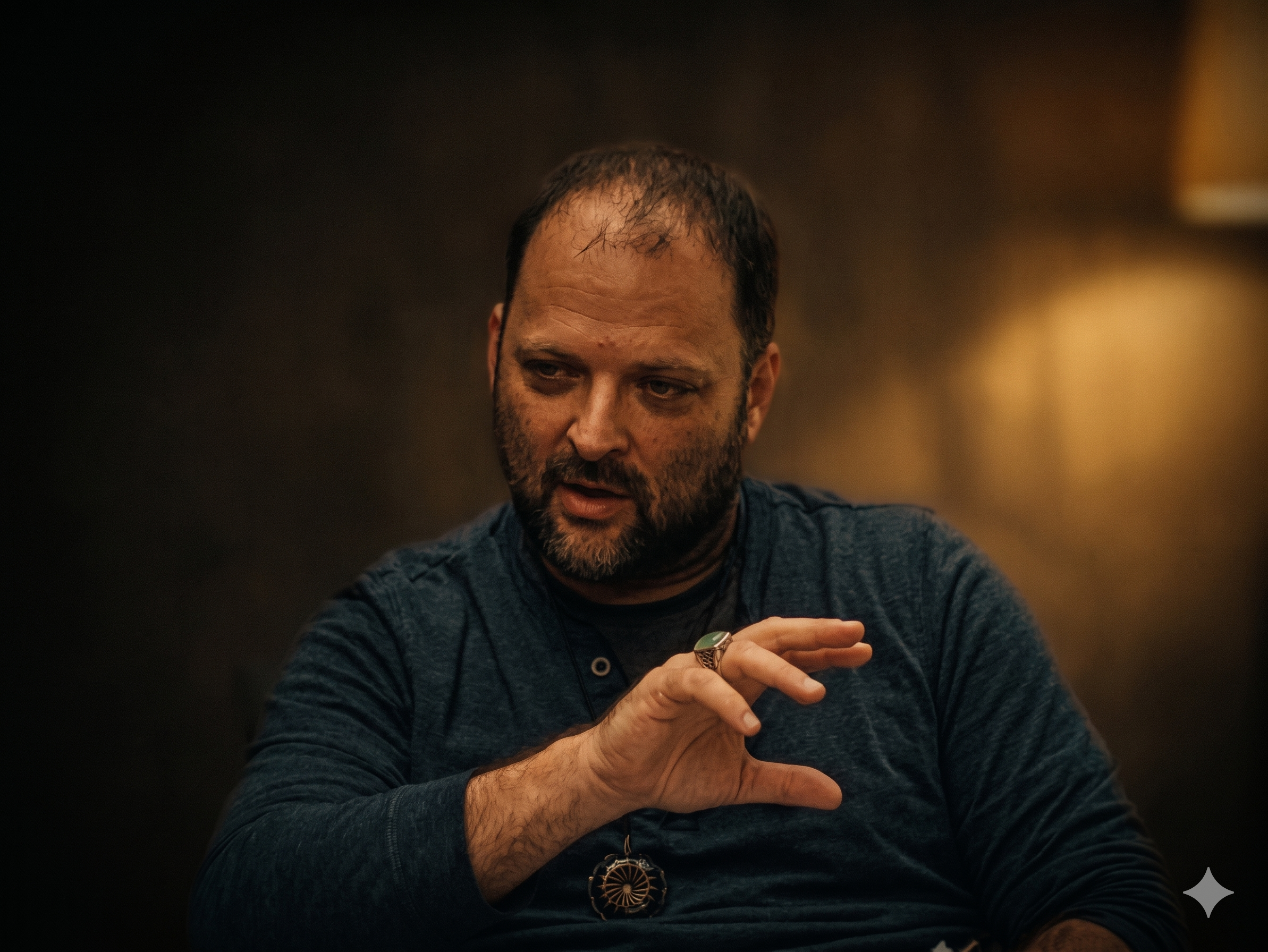 Bret Warshawsky, creator of A One Mind Show, caught mid-thought in warm low light.