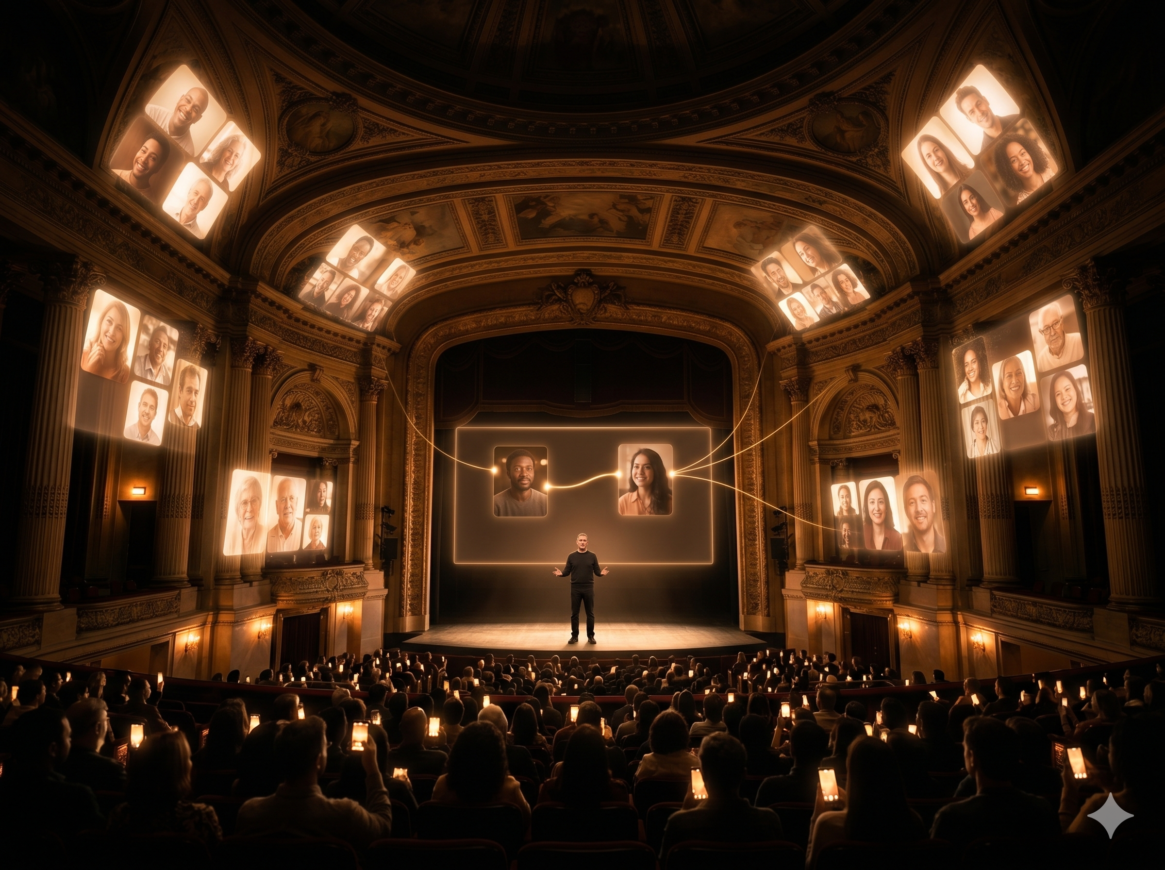 The room opens: a man on stage as the audience holds up phones like candles, glowing panels of faces around the walls, the first connection forming on the screen above the stage.
