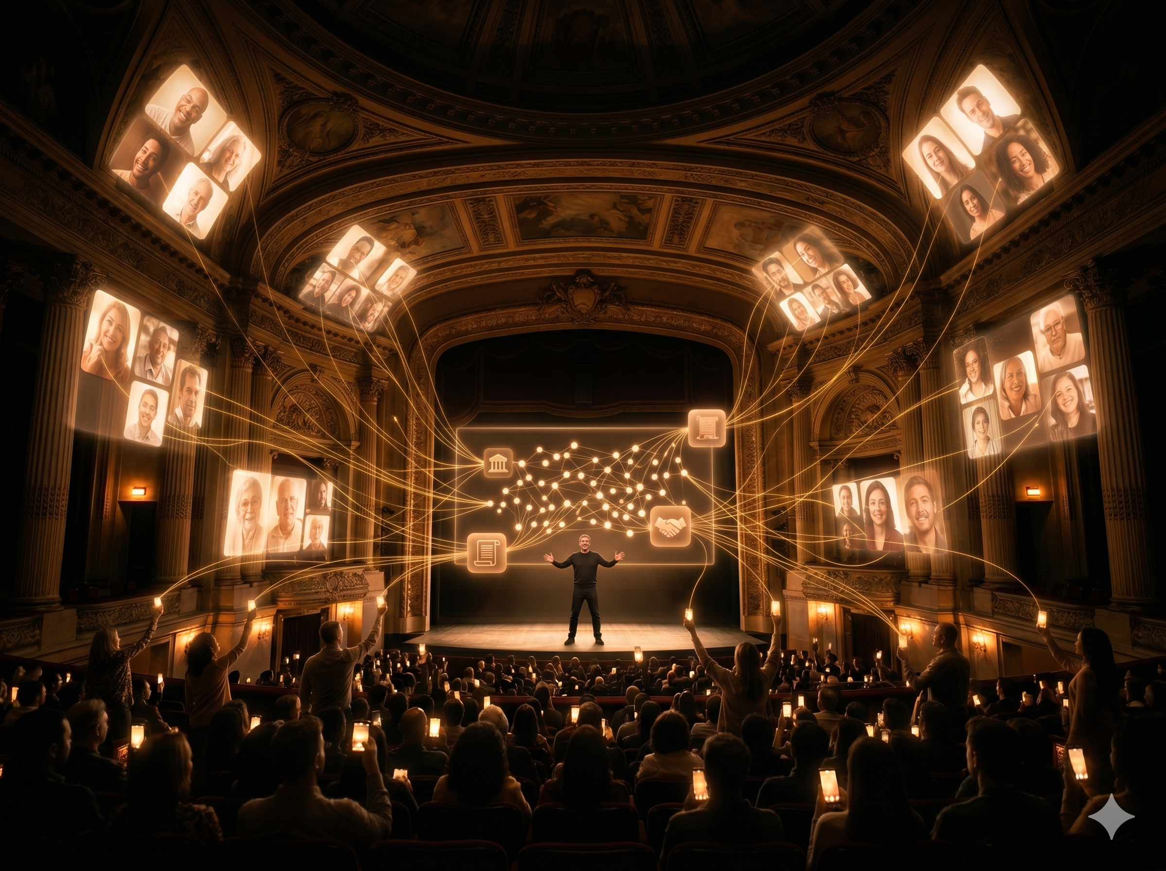 The room acts: audience members standing and raising their hands, golden threads carrying offers across the room toward the stage, the crowd deciding together.
