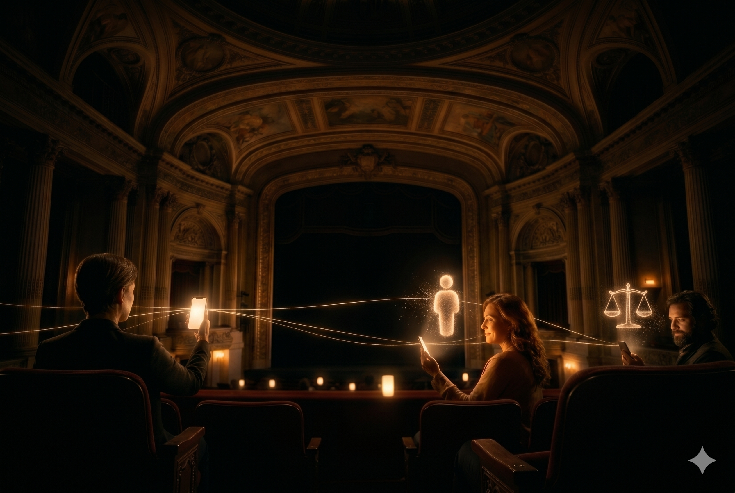 Three audience members linked by golden threads across the dark room, a legal mind and a philanthropist surfacing as light: the network finds itself.