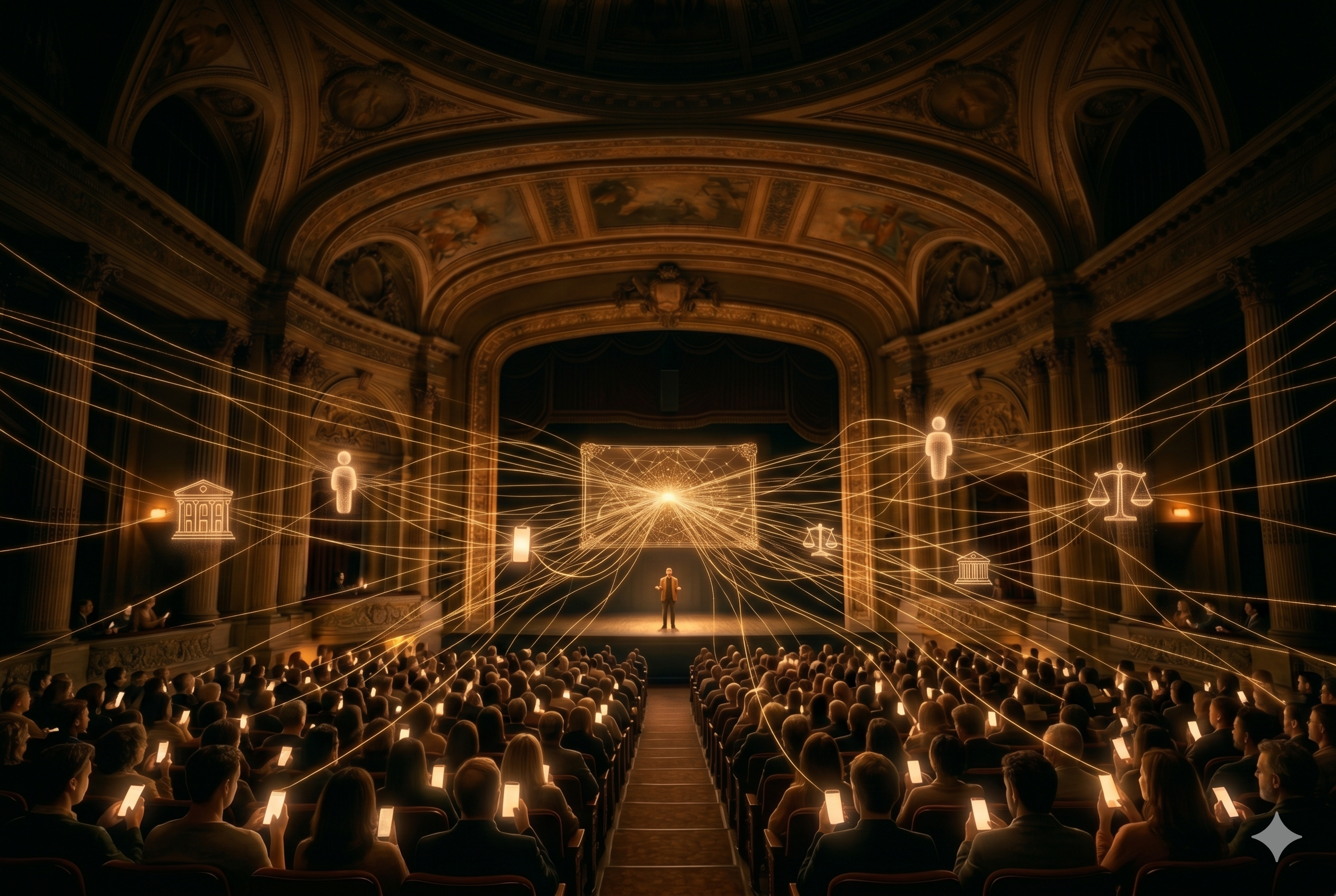 The whole room connected by a web of golden threads converging on the stage: many separate offers becoming one structure.