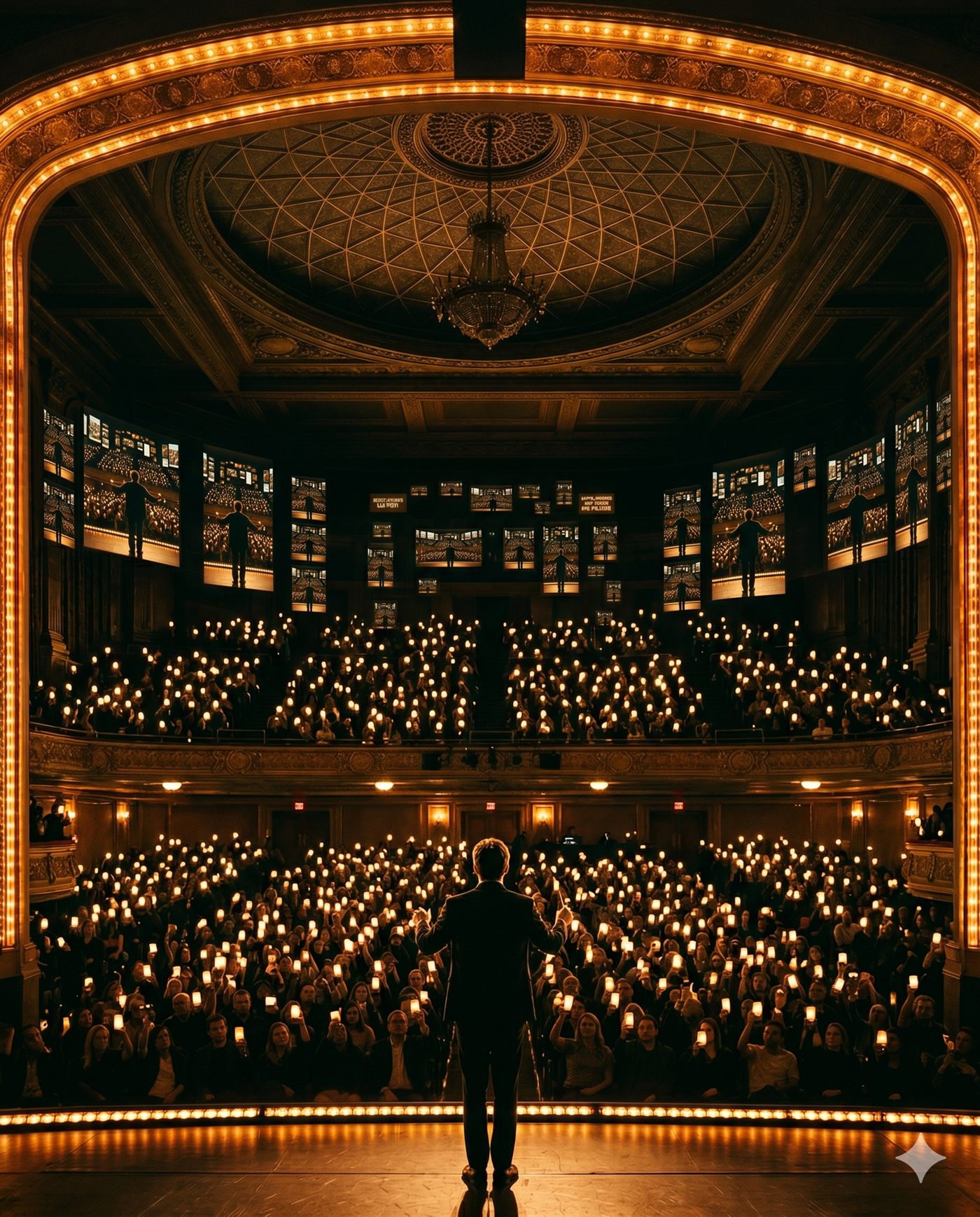 The conductor's view from stage: audience holding lit phones, screens behind the audience mirroring the network back to itself.